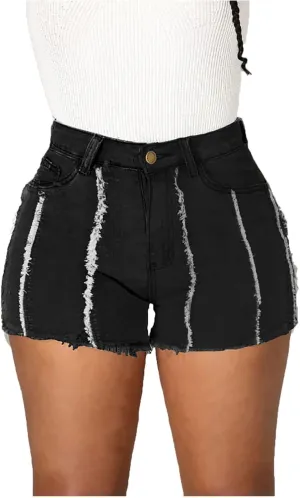 2025 Women's Ripped Mid Waisted Denim Shorts High Waist Zipper Fly Fringe Denim Shorts with Pockets