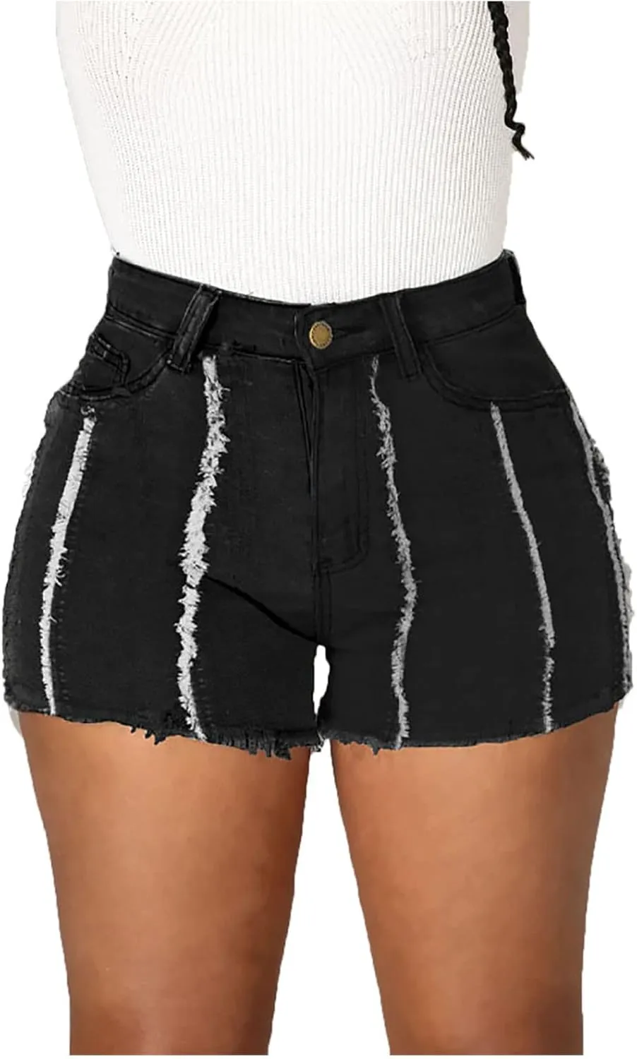 2025 Women's Ripped Mid Waisted Denim Shorts High Waist Zipper Fly Fringe Denim Shorts with Pockets