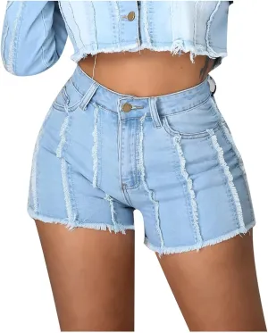 2025 Women's Ripped Mid Waisted Denim Shorts High Waist Zipper Fly Fringe Denim Shorts with Pockets