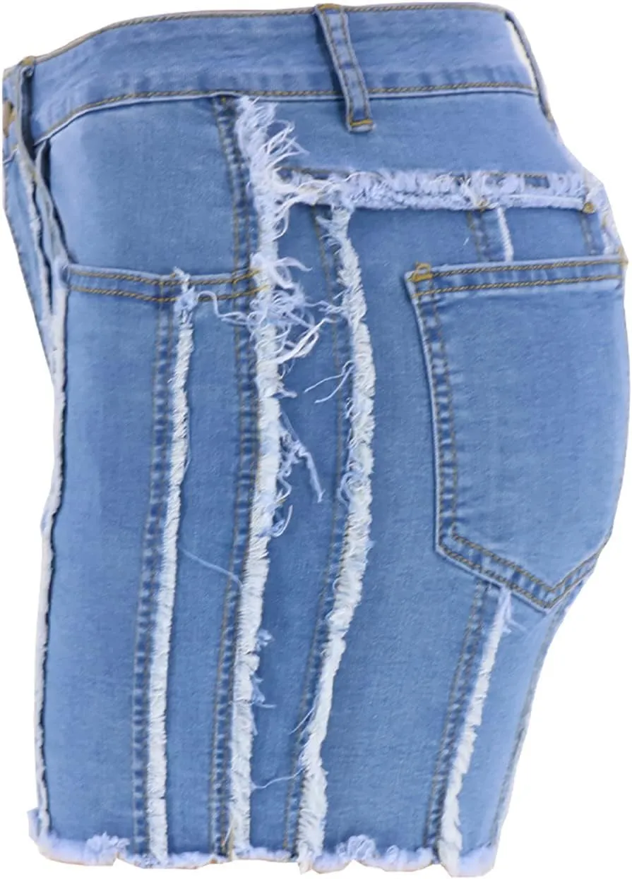 2025 Women's Ripped Mid Waisted Denim Shorts High Waist Zipper Fly Fringe Denim Shorts with Pockets