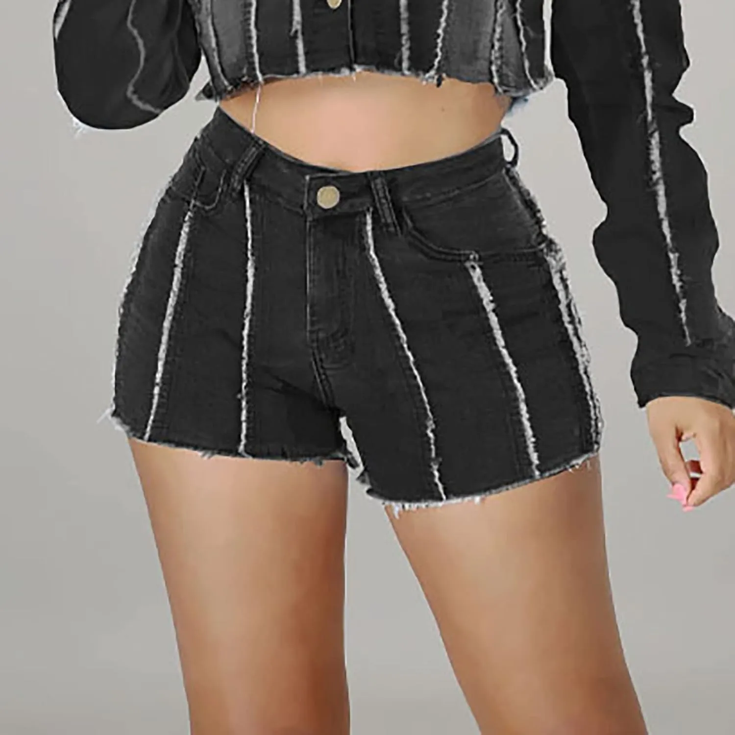 2025 Women's Ripped Mid Waisted Denim Shorts High Waist Zipper Fly Fringe Denim Shorts with Pockets
