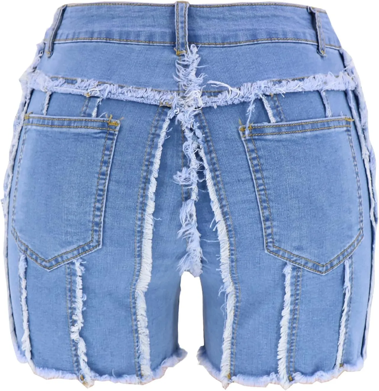 2025 Women's Ripped Mid Waisted Denim Shorts High Waist Zipper Fly Fringe Denim Shorts with Pockets