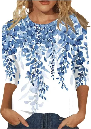 3/4 Length Sleeve Shirts for Women, Round Neck Cute Tunic Tops Basic Tees Casual Printed Blouses Loose Shirt Tops