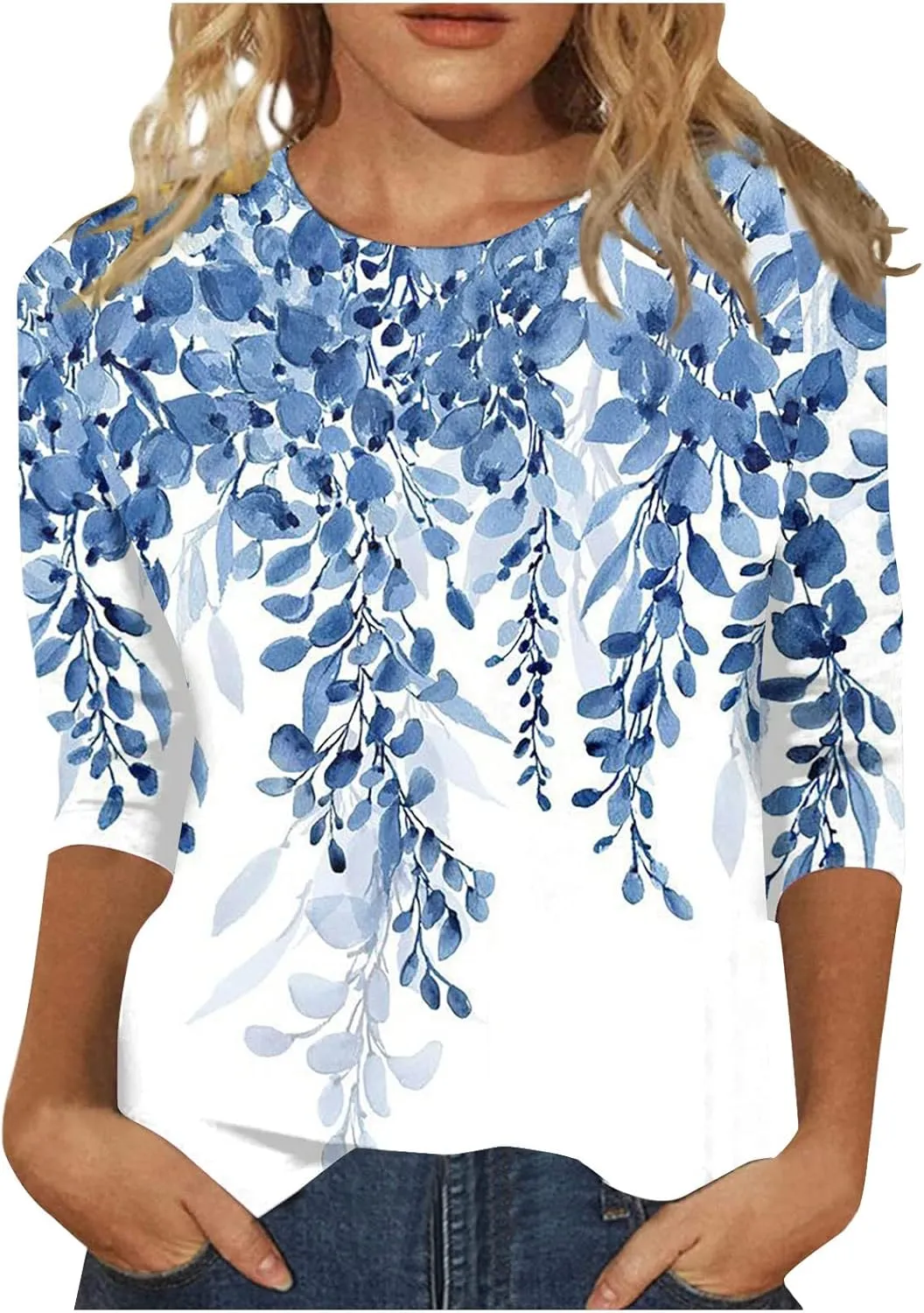 3/4 Length Sleeve Shirts for Women, Round Neck Cute Tunic Tops Basic Tees Casual Printed Blouses Loose Shirt Tops