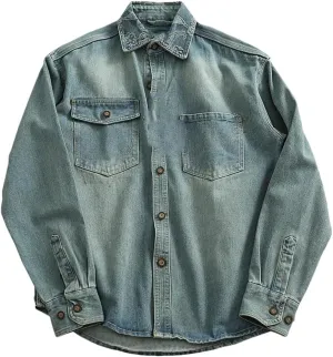 American Vintage Casual Washed Denim Shirts for Men Patch Pockets Oversized Workwear Coats