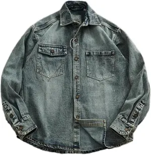 American Vintage Casual Washed Denim Shirts for Men Patch Pockets Oversized Workwear Coats