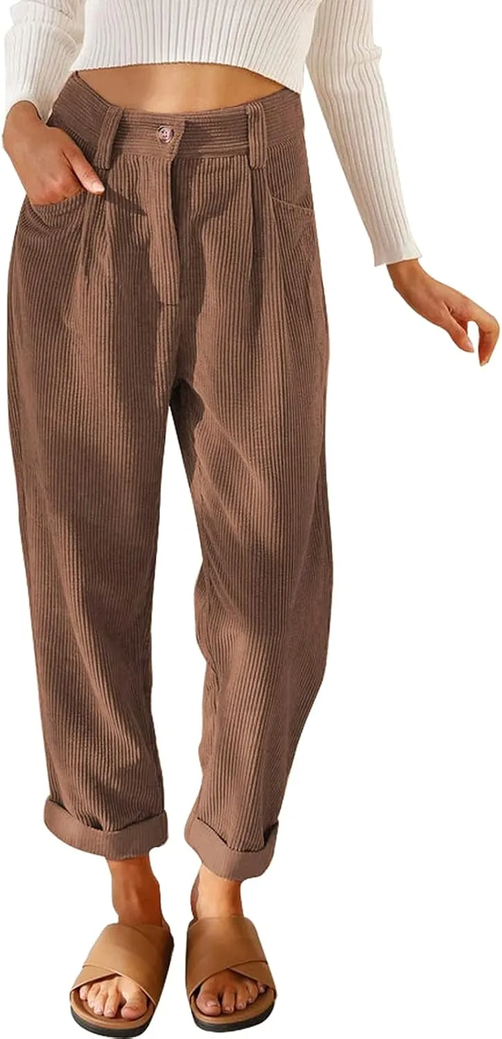 ANGGREK Womens Casual High Waisted Corduroy Straight Leg Pants Loose Comfy Trousers with Pockets(Deep Coffee,XX-Large)
