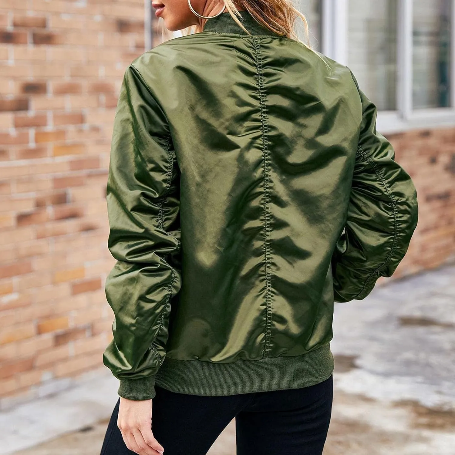 Bomber Jackets for Women Casual Lightweight Satin Zip Up Coat 2023 Fall Loose Fit Outerwear Windbreaker with Pockets