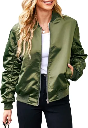 Bomber Jackets for Women Casual Lightweight Satin Zip Up Coat 2023 Fall Loose Fit Outerwear Windbreaker with Pockets