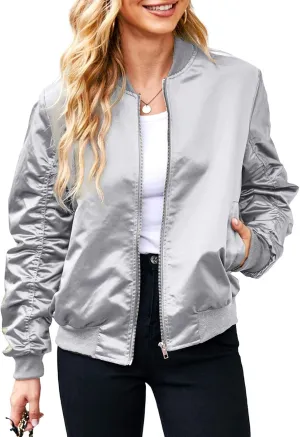 Bomber Jackets for Women Casual Lightweight Satin Zip Up Coat 2023 Fall Loose Fit Outerwear Windbreaker with Pockets