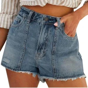BTDECLAR Womens Denim Shorts High Waisted Button Fly Stretchy Straight Leg Raw Hem Jean Shorts Distressed Ripped Denim Shorts