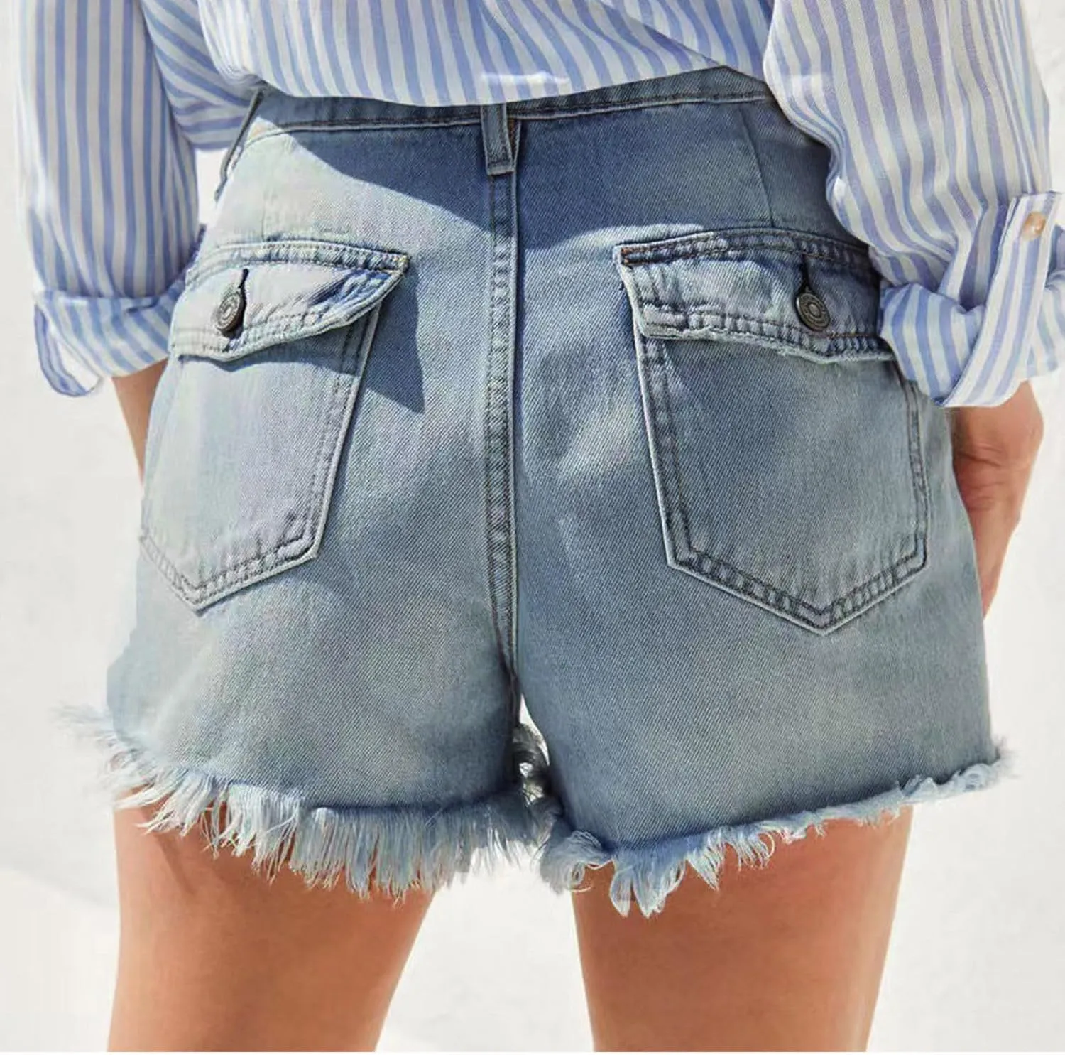 BTDECLAR Womens Denim Shorts High Waisted Button Fly Stretchy Straight Leg Raw Hem Jean Shorts Distressed Ripped Denim Shorts