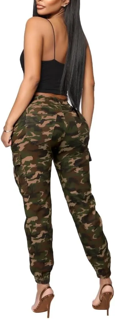 BWN Women's Camo Cargo Jogger Pants – Slim Fit Army High Waisted Joggers Fatigue Elastic Waistband Tapered Camouflage Trouser