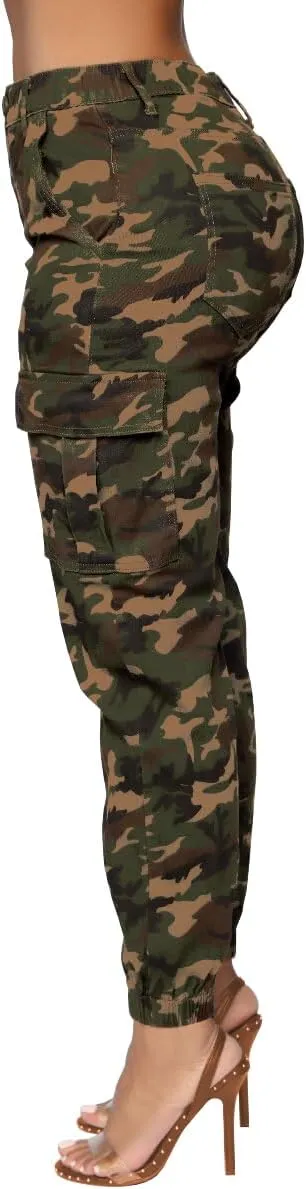 BWN Women's Camo Cargo Jogger Pants – Slim Fit Army High Waisted Joggers Fatigue Elastic Waistband Tapered Camouflage Trouser