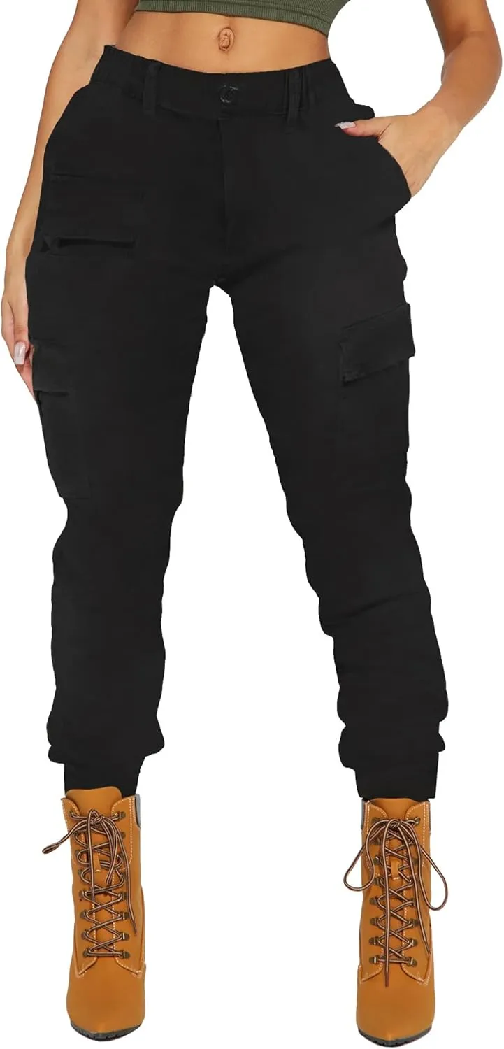 BWN Women's Camo Cargo Jogger Pants – Slim Fit Army High Waisted Joggers Fatigue Elastic Waistband Tapered Camouflage Trouser