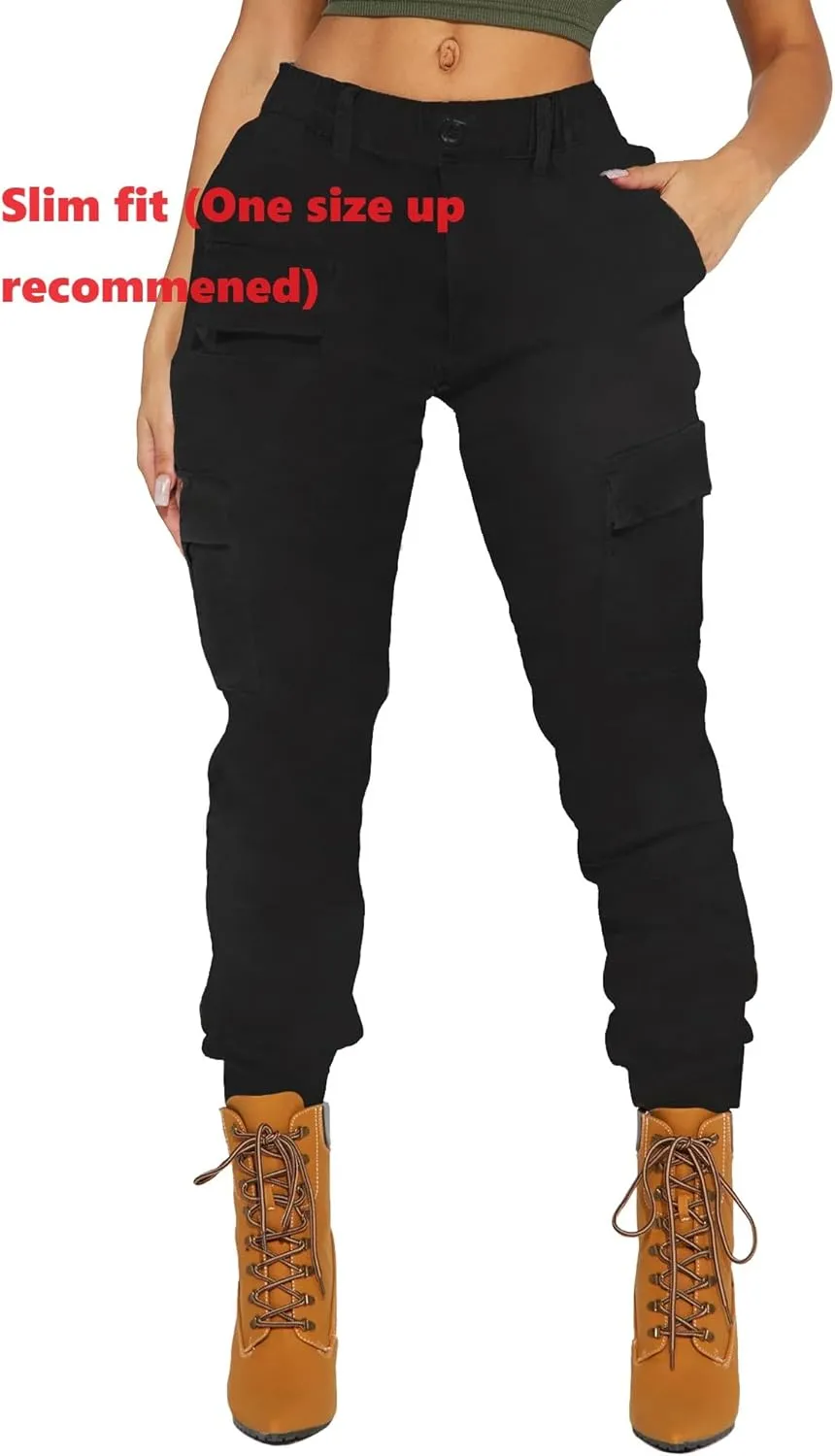 BWN Women's Camo Cargo Jogger Pants – Slim Fit Army High Waisted Joggers Fatigue Elastic Waistband Tapered Camouflage Trouser