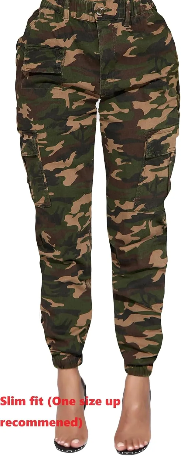 BWN Women's Camo Cargo Jogger Pants – Slim Fit Army High Waisted Joggers Fatigue Elastic Waistband Tapered Camouflage Trouser