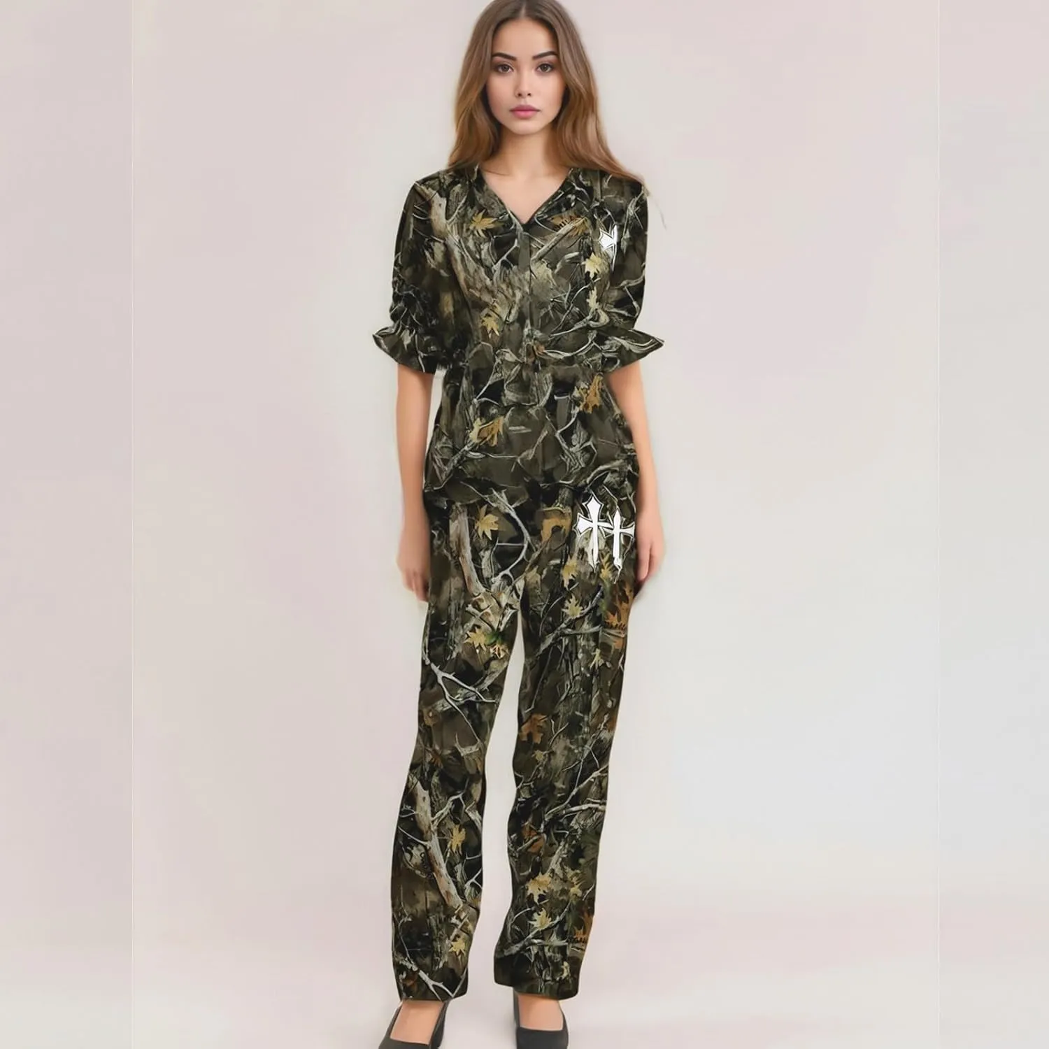 Camo Pants Women Graphic Baggy Sweatpants Camo Print Straight Wide Leg Joggers Street Wear Drawstring Sweat Pant
