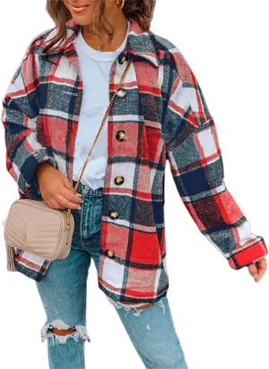 Canbebig Women 2023 Flannel Plaid Shirts Long Sleeve Casual Lapel Button Down Boyfriend Shacket Tartan Jacket Loose Fall Coat