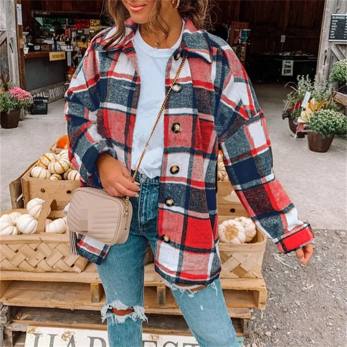 Canbebig Women 2023 Flannel Plaid Shirts Long Sleeve Casual Lapel Button Down Boyfriend Shacket Tartan Jacket Loose Fall Coat