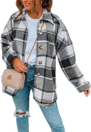 Canbebig Women 2023 Flannel Plaid Shirts Long Sleeve Casual Lapel Button Down Boyfriend Shacket Tartan Jacket Loose Fall Coat