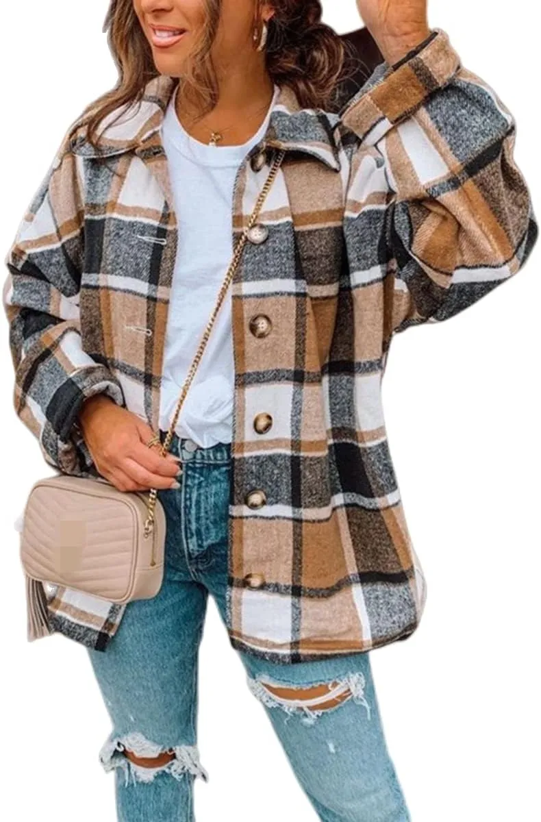 Canbebig Women 2023 Flannel Plaid Shirts Long Sleeve Casual Lapel Button Down Boyfriend Shacket Tartan Jacket Loose Fall Coat