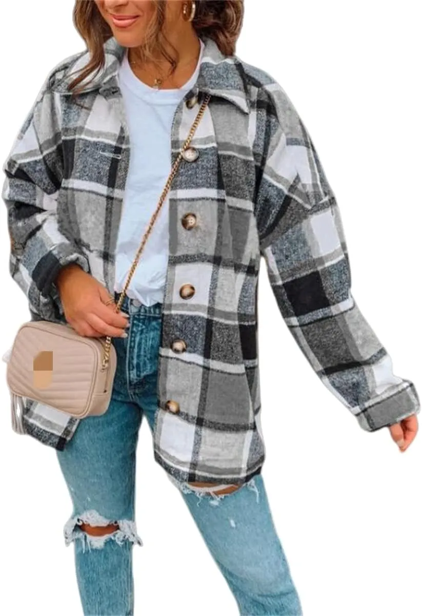 Canbebig Women 2023 Flannel Plaid Shirts Long Sleeve Casual Lapel Button Down Boyfriend Shacket Tartan Jacket Loose Fall Coat