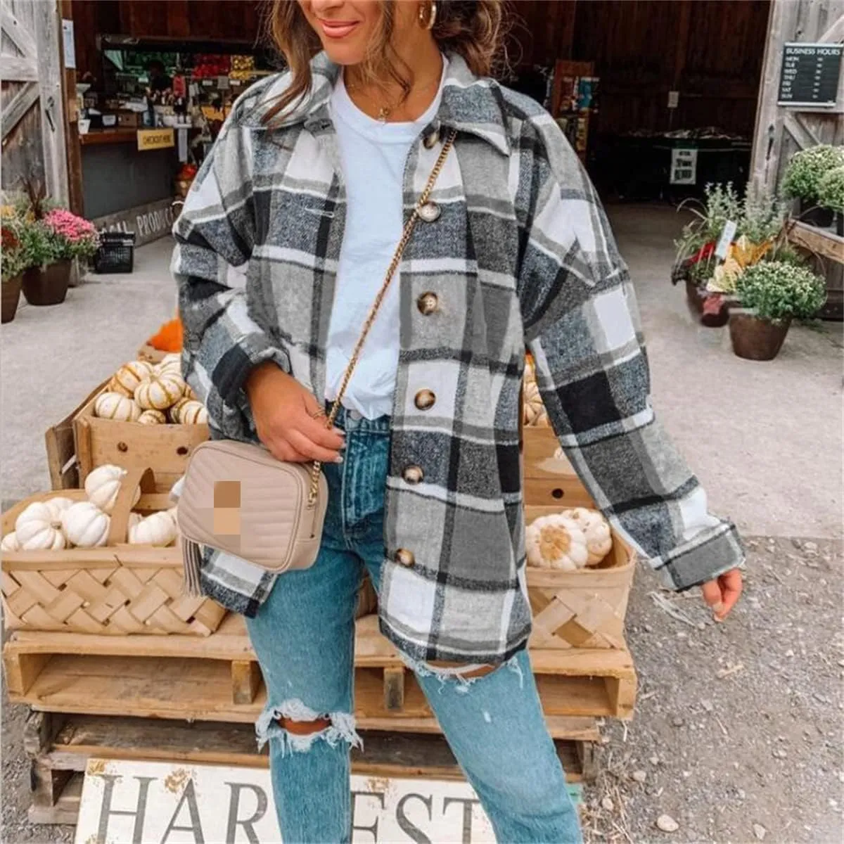Canbebig Women 2023 Flannel Plaid Shirts Long Sleeve Casual Lapel Button Down Boyfriend Shacket Tartan Jacket Loose Fall Coat