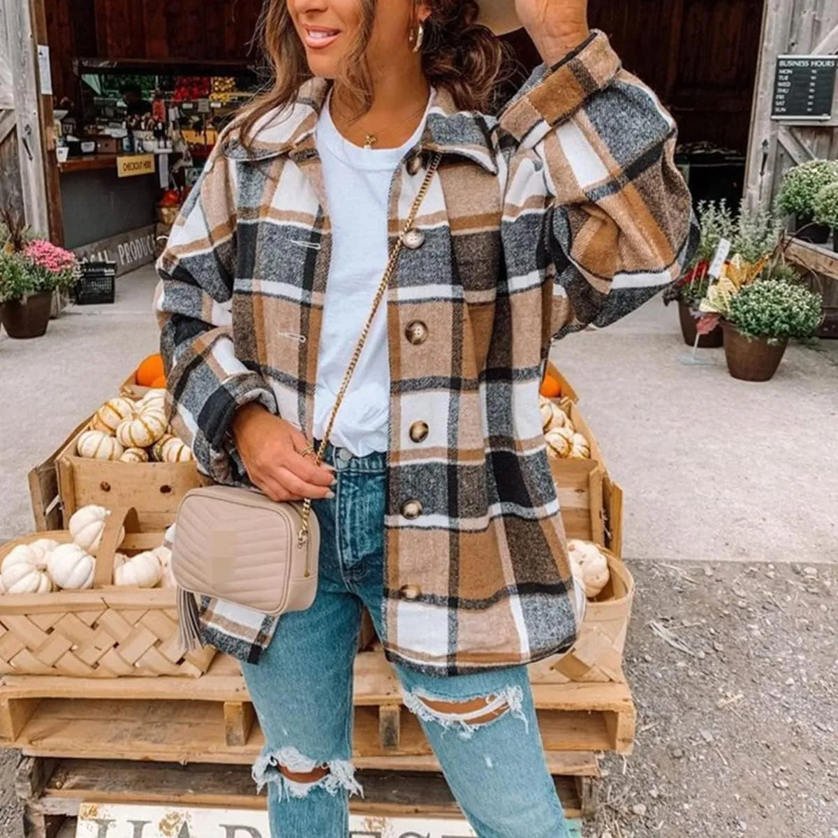 Canbebig Women 2023 Flannel Plaid Shirts Long Sleeve Casual Lapel Button Down Boyfriend Shacket Tartan Jacket Loose Fall Coat