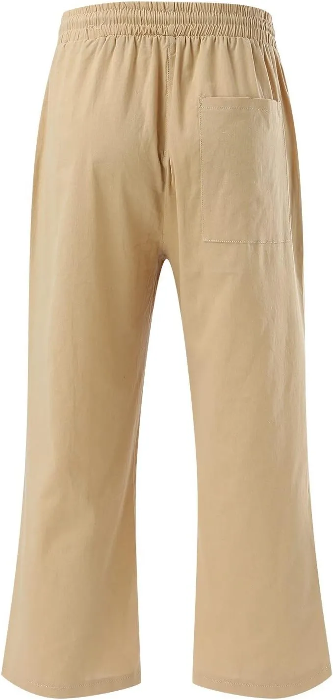 Capris Pants for Women Casual Summer Linen Lounge Drawstring Elastic Straight Wide Leg Cropped Trousers