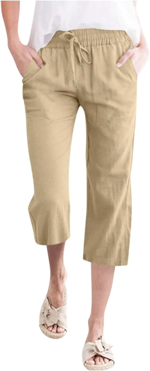 Capris Pants for Women Casual Summer Linen Lounge Drawstring Elastic Straight Wide Leg Cropped Trousers