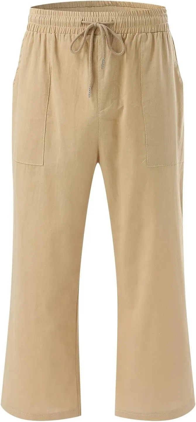 Capris Pants for Women Casual Summer Linen Lounge Drawstring Elastic Straight Wide Leg Cropped Trousers