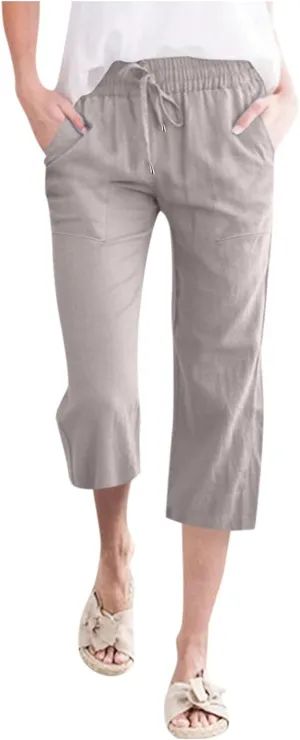 Capris Pants for Women Casual Summer Linen Lounge Drawstring Elastic Straight Wide Leg Cropped Trousers