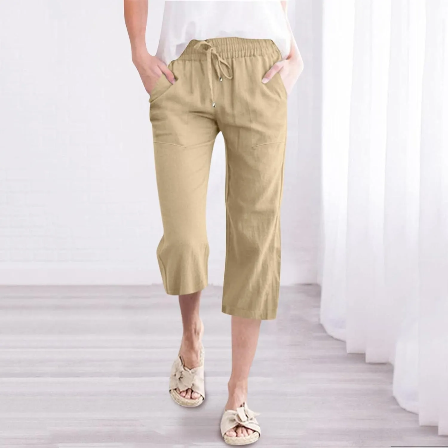 Capris Pants for Women Casual Summer Linen Lounge Drawstring Elastic Straight Wide Leg Cropped Trousers