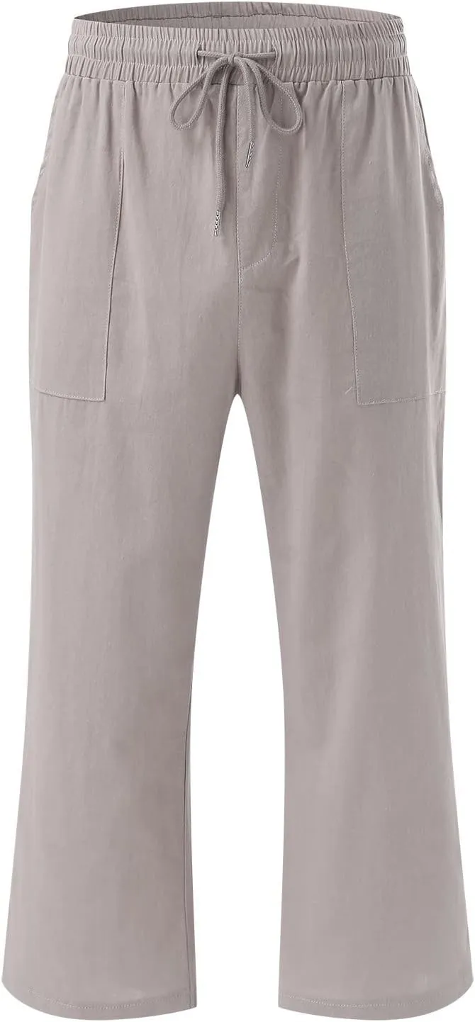 Capris Pants for Women Casual Summer Linen Lounge Drawstring Elastic Straight Wide Leg Cropped Trousers