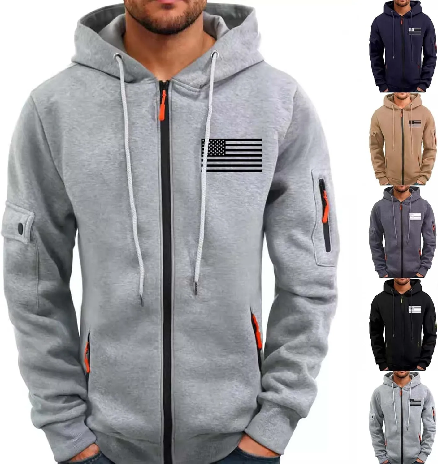 Cargo Hoodies for Men USA Flag Logo Drawstring Zip Up Sweatshirt Casual Long Sleeve Pocket Hooded Jacket with Pockets