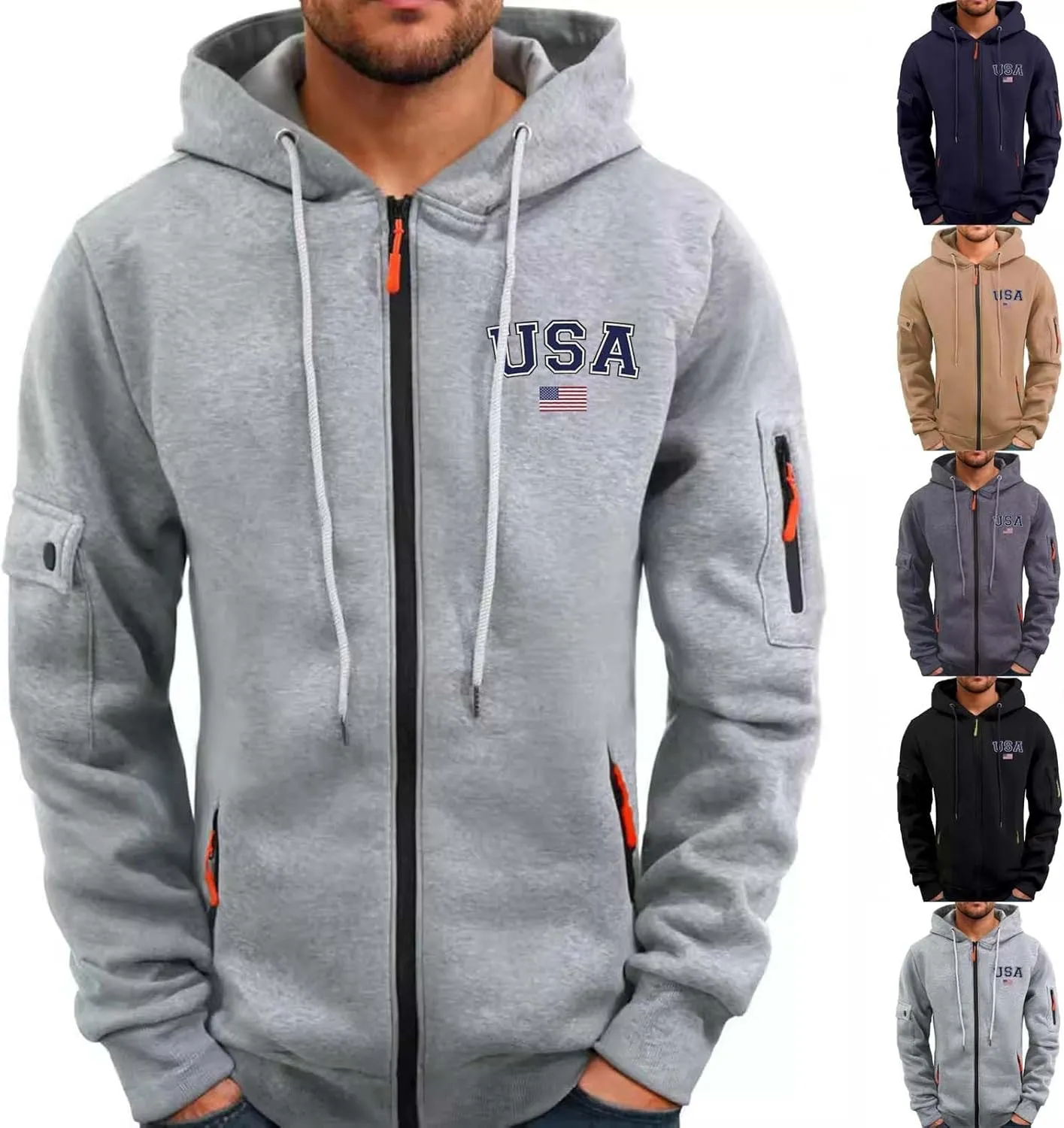 Cargo Hoodies for Men USA Flag Logo Drawstring Zip Up Sweatshirt Casual Long Sleeve Pocket Hooded Jacket with Pockets