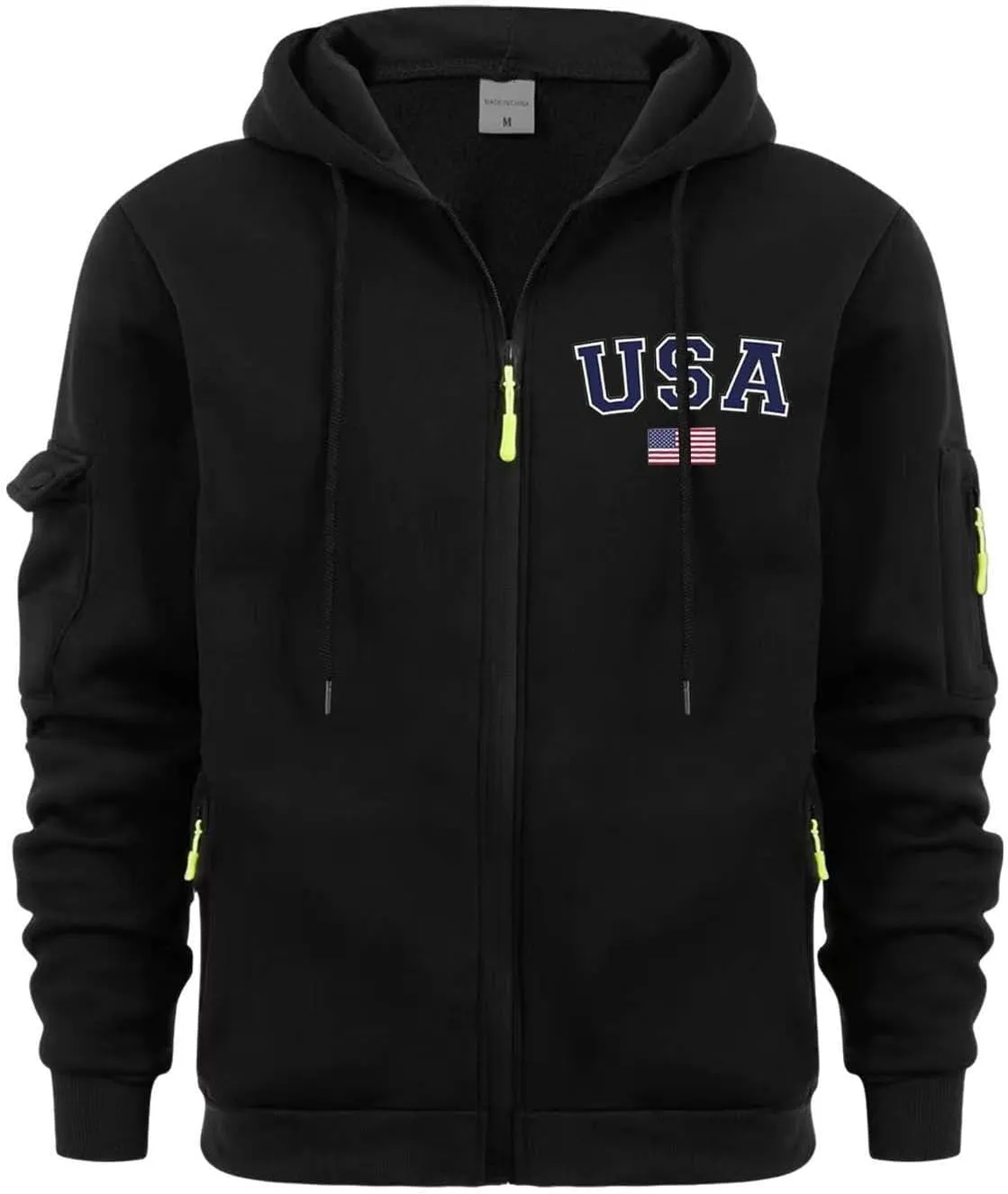 Cargo Hoodies for Men USA Flag Logo Drawstring Zip Up Sweatshirt Casual Long Sleeve Pocket Hooded Jacket with Pockets