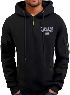 Cargo Hoodies for Men USA Flag Logo Drawstring Zip Up Sweatshirt Casual Long Sleeve Pocket Hooded Jacket with Pockets