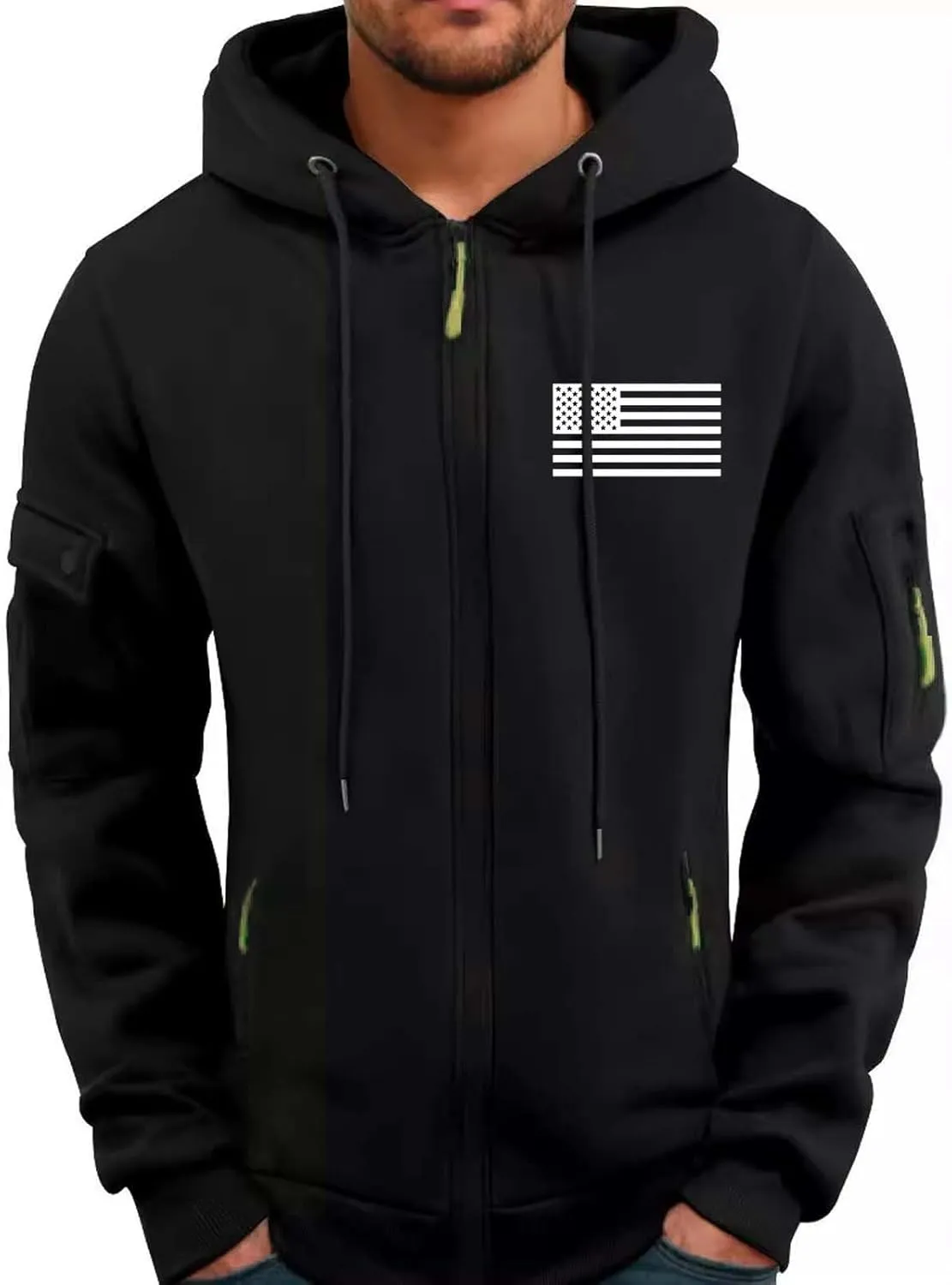 Cargo Hoodies for Men USA Flag Logo Drawstring Zip Up Sweatshirt Casual Long Sleeve Pocket Hooded Jacket with Pockets