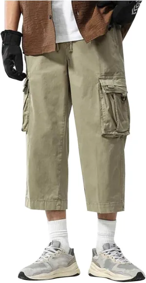 Cargo Shorts for Men Casual Elastic Waist Multiple Pockets Cropped Pants Stretch Lightweight Comfy Work Shorts