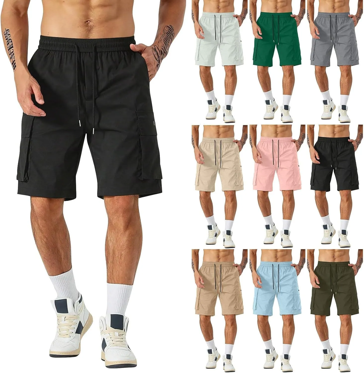 Cargo Shorts for Men Elastic Waist Drawstring Casual Pant 2025 Summer Relaxed Fit Comfy Work Shorts with Multi Pocket