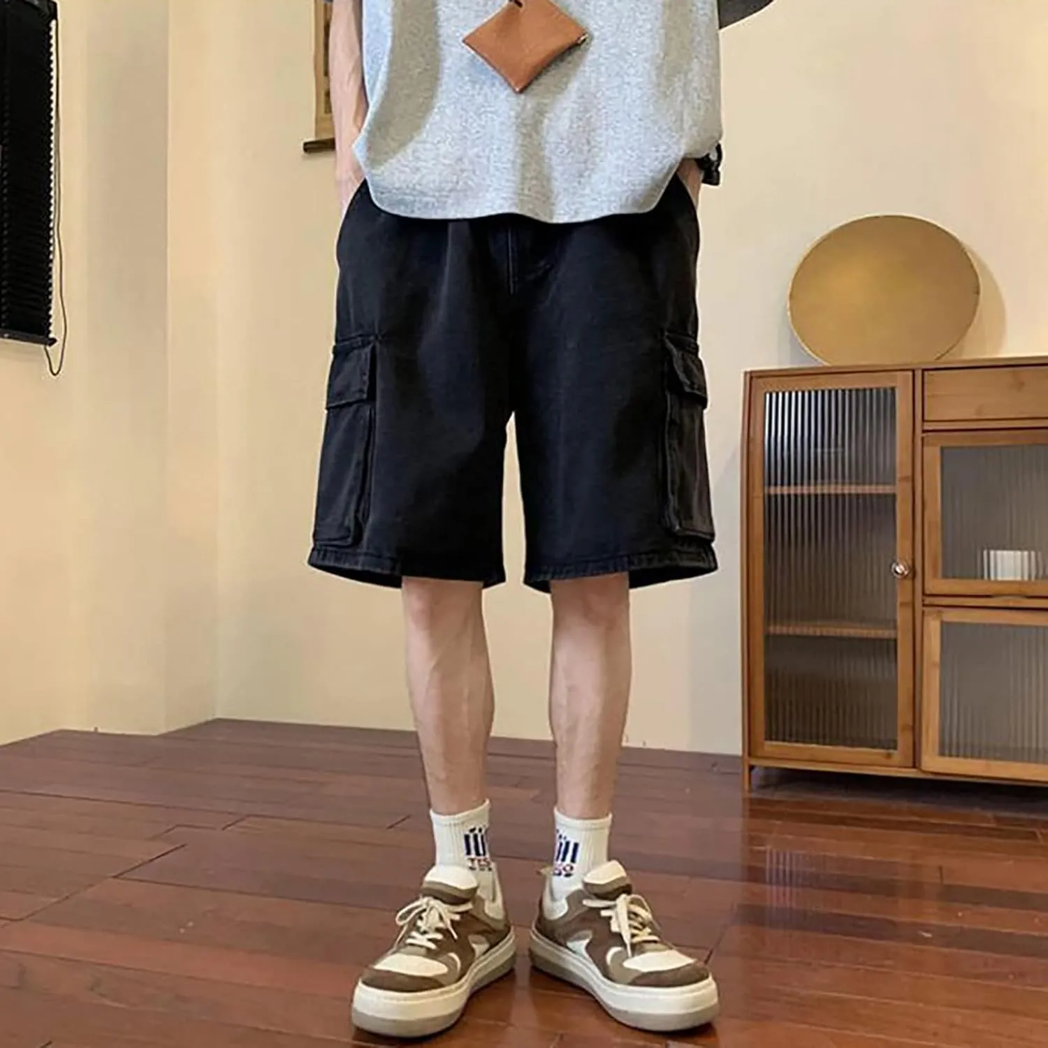 Cargo Shorts for Mens Summer Loose Fit Comfy Cool Thin Outdoor Hiking Jeans Elastic Waist Drawstring Widel Leg Pants