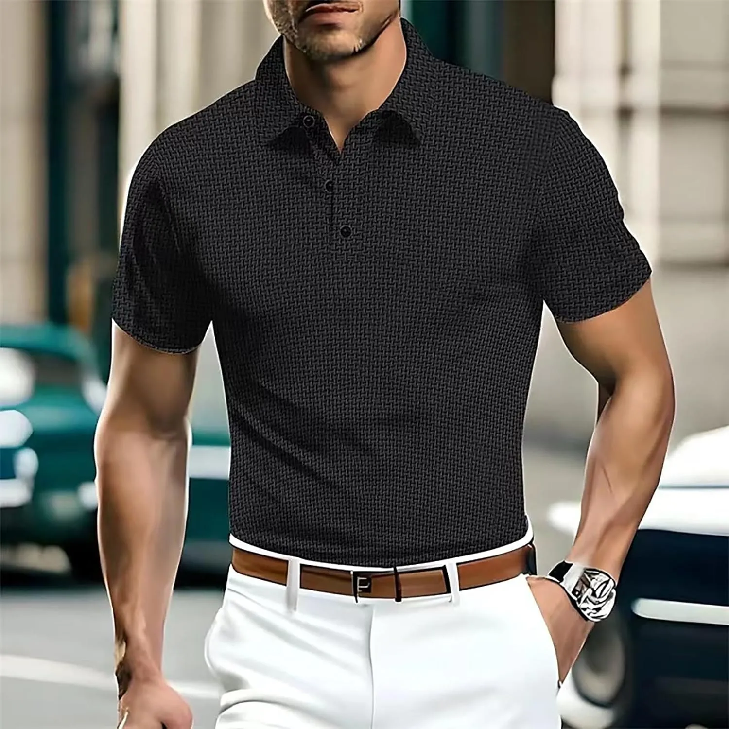 Casual Polo Shirts for Men Ice Silky Short Sleeve Pique Golf Tennis Shirt Regular Fit Button Up Lightweight Knitwear