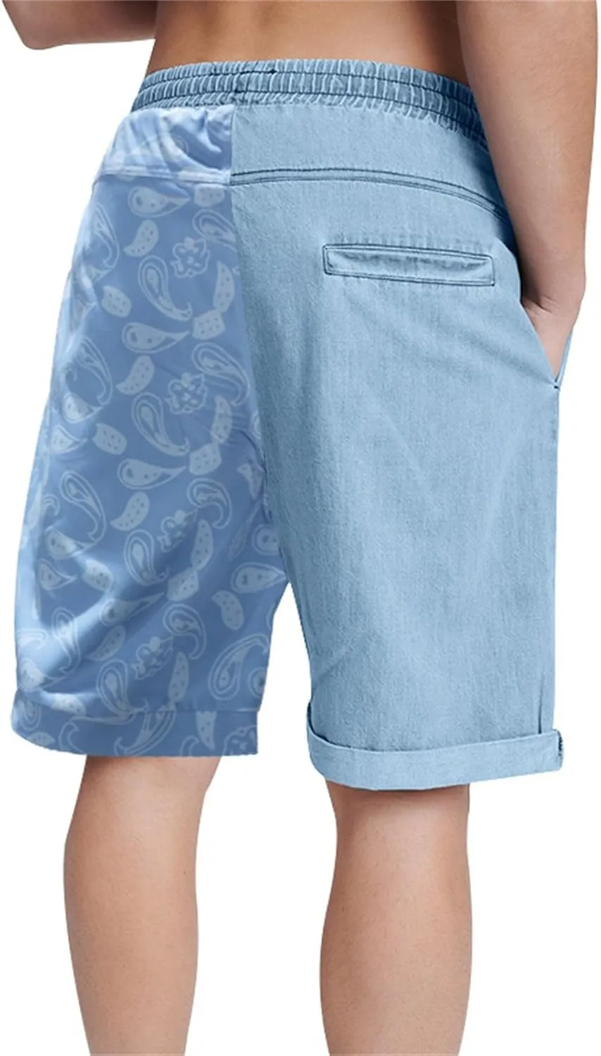 Casual Shorts for Men Color Block Printed Waist Drawstring Baggy Comfy Cool Pant 2025 Summer Beach Shorts with Pocket