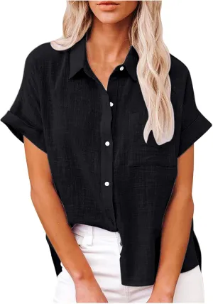 Ceboyel Women Cotton Linen Summer Shirts Collared Button Down Blouses Gauze Short Sleeve Tops Causal Ladies Outfits 2023