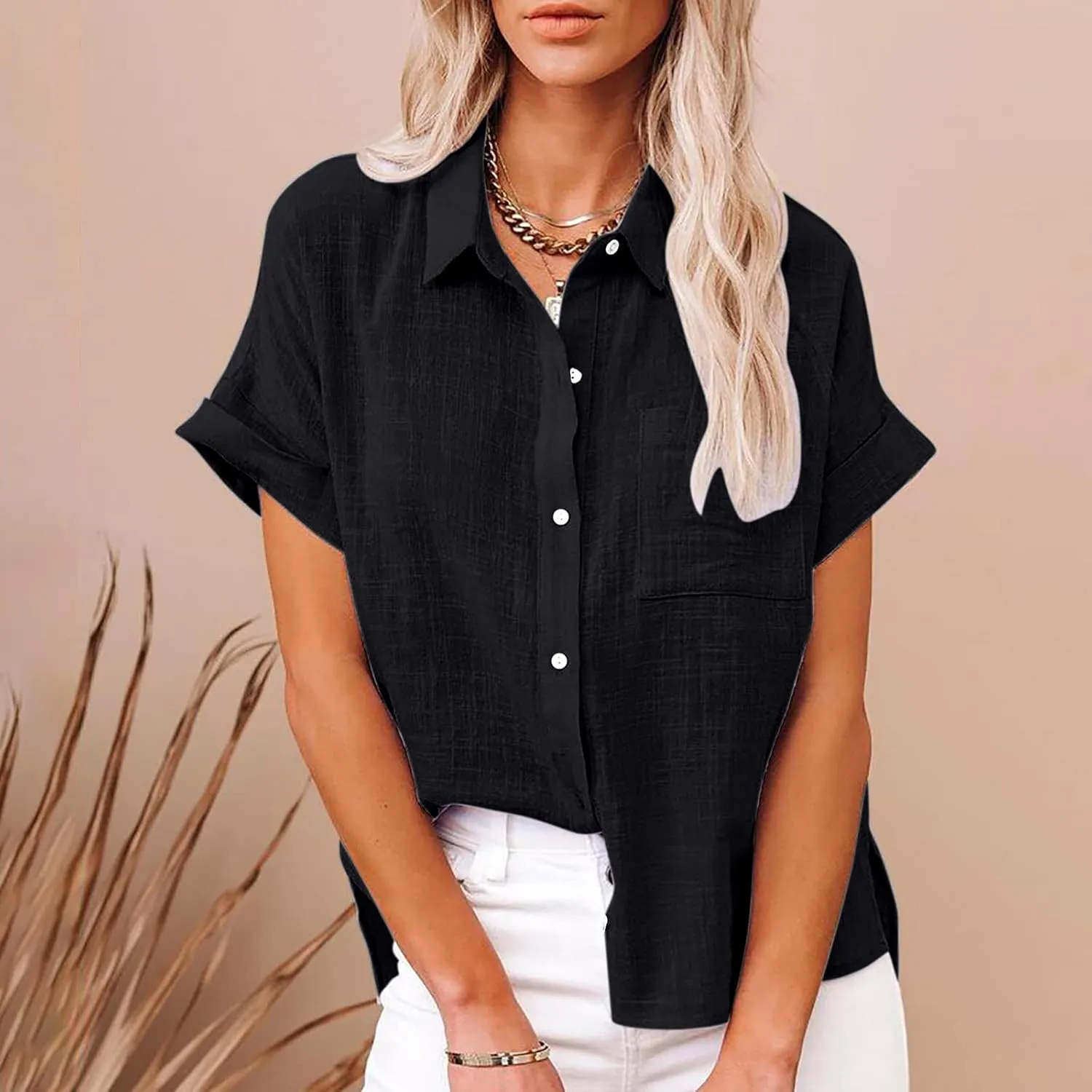 Ceboyel Women Cotton Linen Summer Shirts Collared Button Down Blouses Gauze Short Sleeve Tops Causal Ladies Outfits 2023
