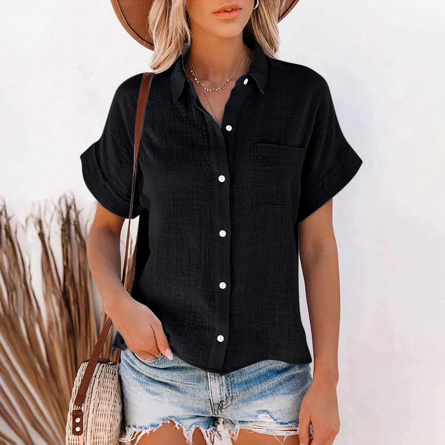 Ceboyel Women Cotton Linen Summer Shirts Collared Button Down Blouses Gauze Short Sleeve Tops Causal Ladies Outfits 2023