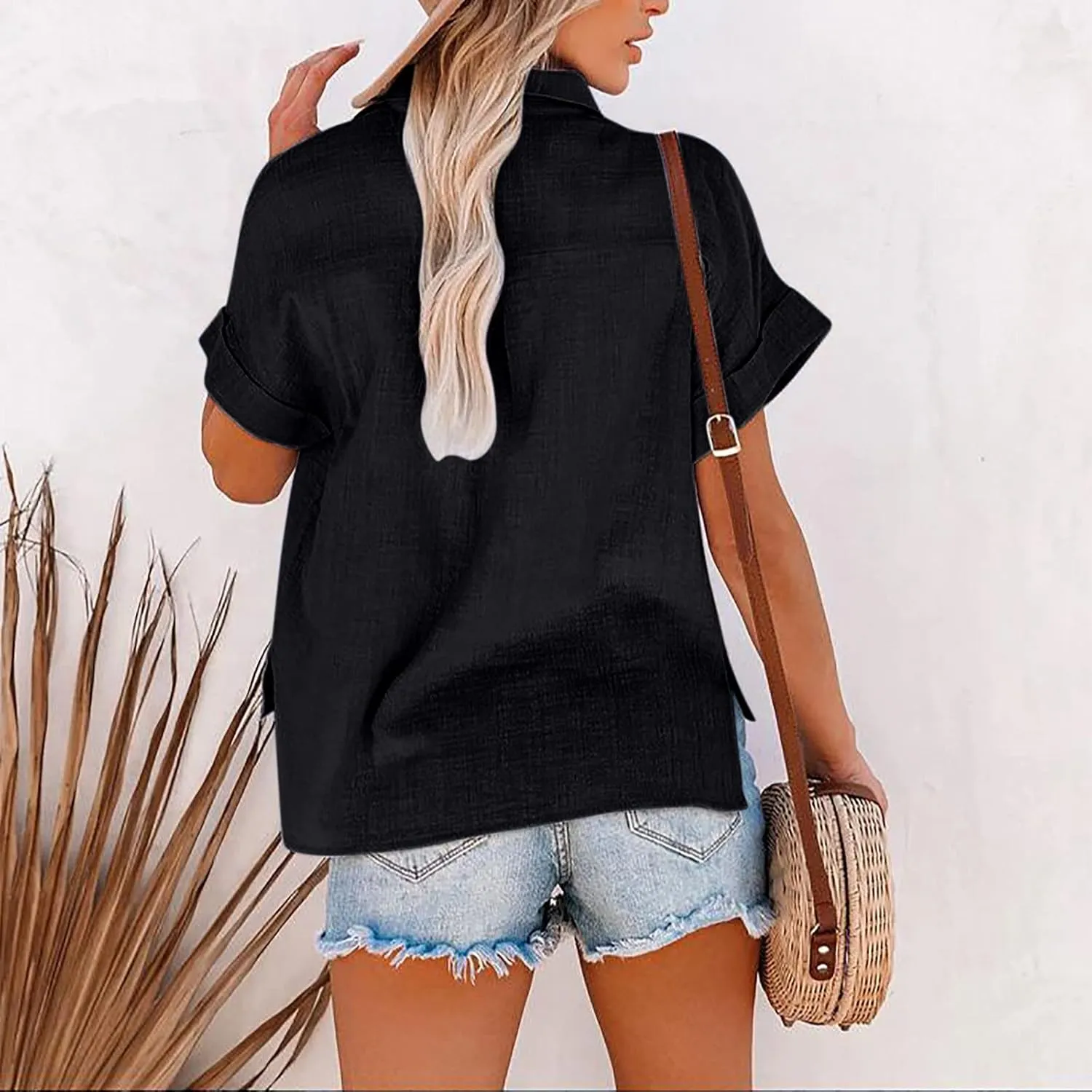 Ceboyel Women Cotton Linen Summer Shirts Collared Button Down Blouses Gauze Short Sleeve Tops Causal Ladies Outfits 2023