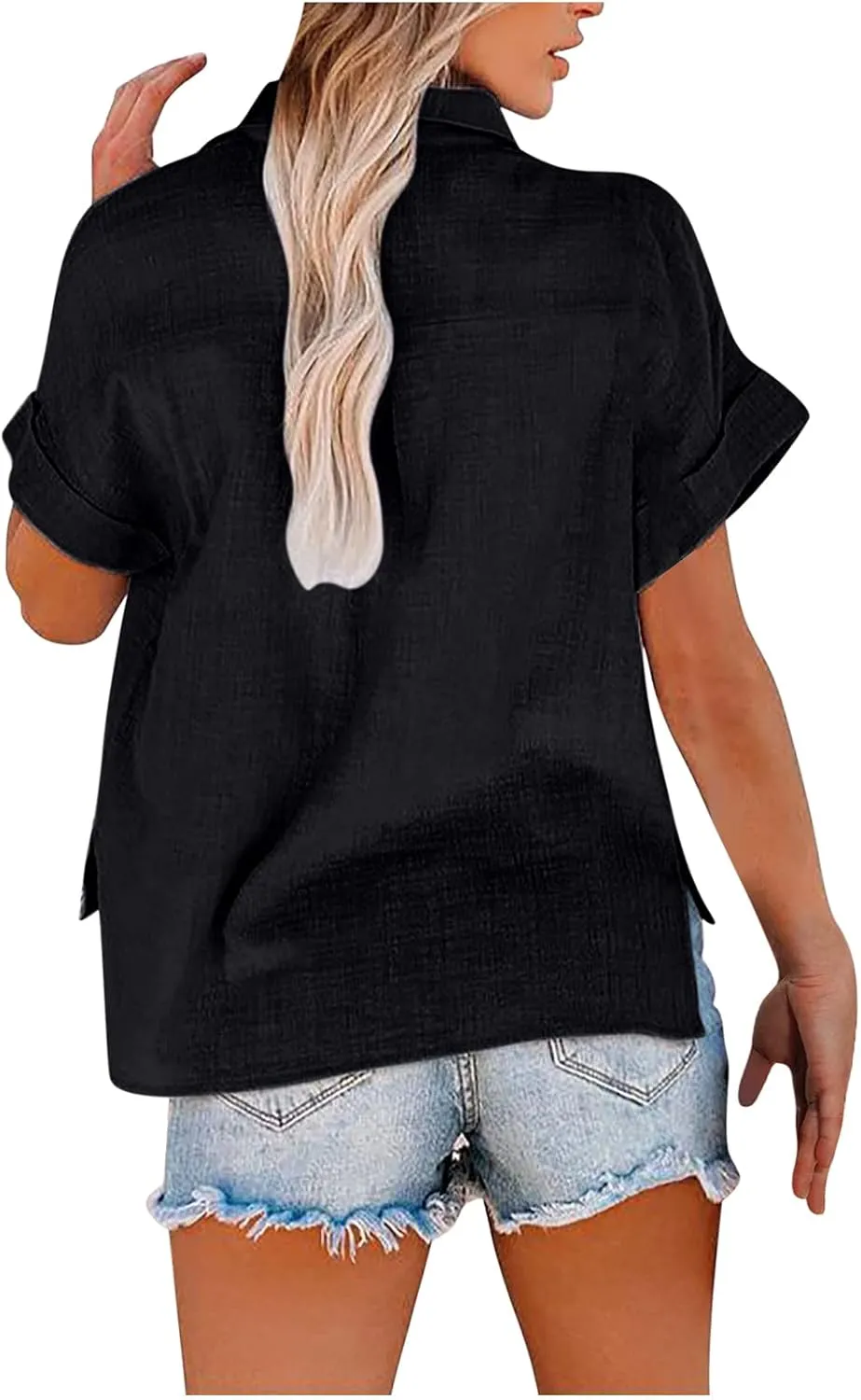 Ceboyel Women Cotton Linen Summer Shirts Collared Button Down Blouses Gauze Short Sleeve Tops Causal Ladies Outfits 2023